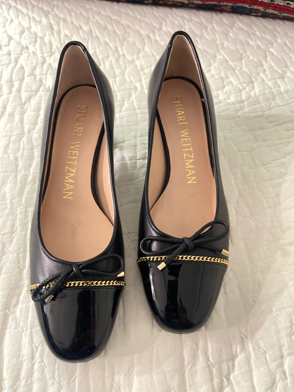 Stuart Weitzman Black Cap Toe‎ Patent Leather Cap Toe Pumps with Gold Trim